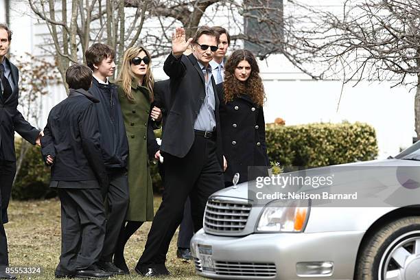 Actor Liam Neeson with family, son Micheal Neeson, son Daniel Neeson an unidentified woman, Joely Richardson , an unidentified person, and niece...