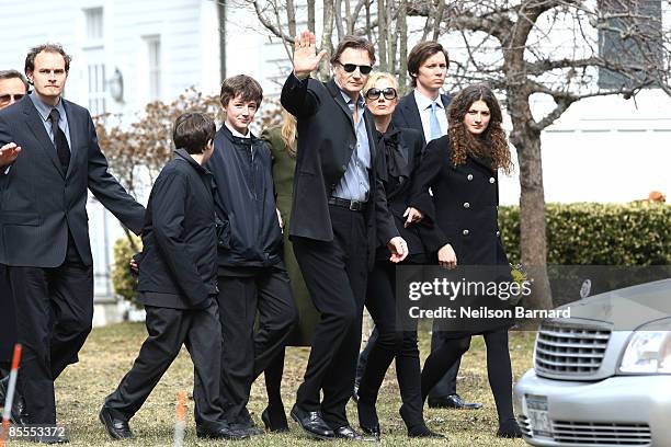 Actor Liam Neeson with family, an unidentified person, son Daniel Neeson, son Micheal Neeson, sister Joely Richardson, an unidentified person, and...