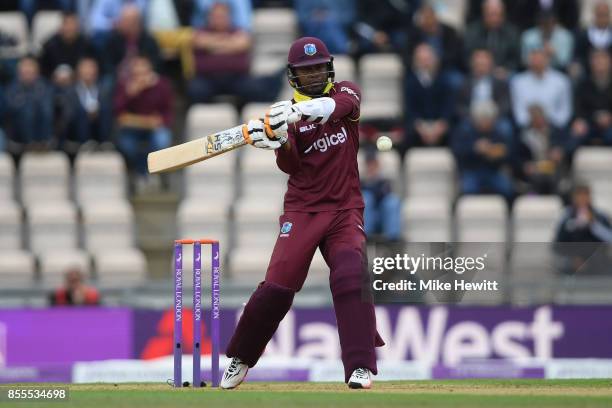 Marlon Samuels of West Indies hits out during the 5th Royal London One Day International between England and West Indies at Ageas Bowl on September...