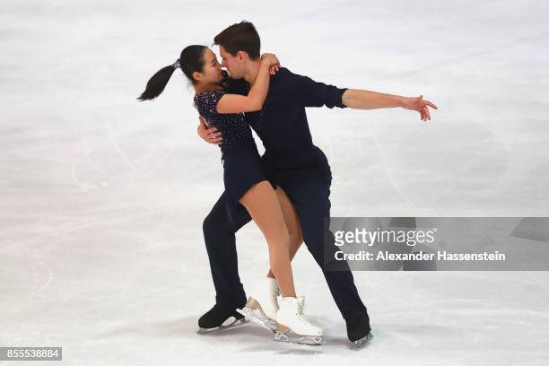 Sumire Suto and Francis Boudreau-Audet of Japan performs at the Pairs free skating during the 49. Nebelhorn Trophy 2017 at Eishalle Oberstdorf on...