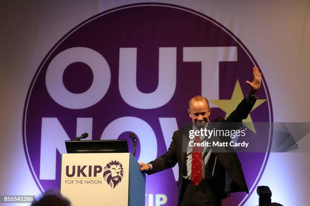 Newly elected UKIP leader Henry Bolton speaks at their autumn conference on September 29, 2017 in Torquay, England. Bolton is the UKIP party's fourth...