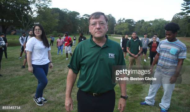 Pine Manor College president Thomas O'Reilly stands with students on the college's campus in Brookline, MA on Sep. 28, 2017. The Town of Brookline...