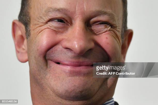 Newly elected leader of the UK Independence Party, Henry Bolton, reacts during a press conference on the first day of the UK Independence Party...