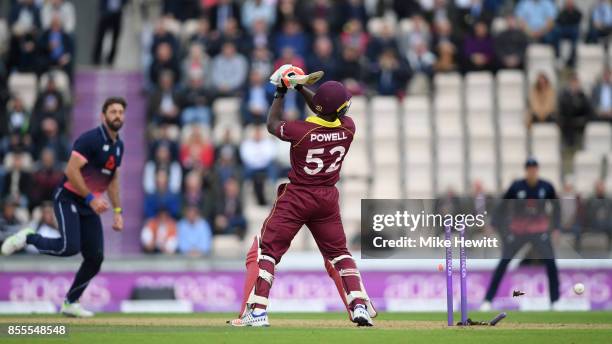 Rovman Powell of West Indies is clean bowled by Liam Plunkett of England during the 5th Royal London One Day International between England and West...