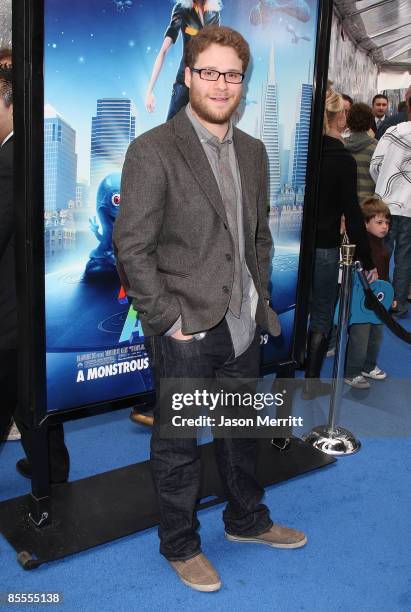 Actor Seth Rogen arrives at the premiere of Dreamworks' 'Monsters Vs. Aliens' held at the Gibson Amphitheatre on March 22, 2009 in Universal City,...