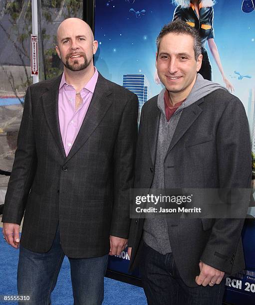 Director Rob Letterman and director Conrad Vernon arrive at the premiere of Dreamworks' 'Monsters Vs. Aliens' held at the Gibson Amphitheatre on...