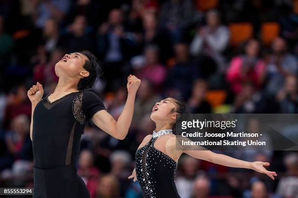 Tae Ok Ryom and Ju Sik Kim of DPR Korea react in the Pairs Free Skating during the Nebelhorn Trophy 2017 at Eissportzentrum on September 29, 2017 in...