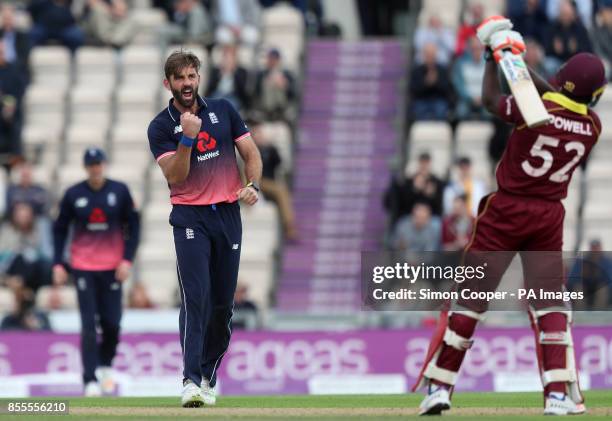 England's Liam Plunkett celebrates taking the wicket of West Indies' Rovman Powell during the fifth Royal London One Day International at the Ageas...