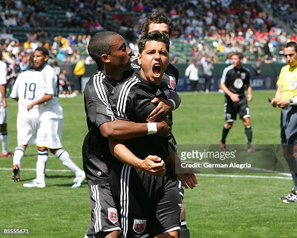 Midfielder Christian Gomez of DC United celebrates his goal scored against the Los Angeles Galaxy during their MLS game at Home Depot Center on March...