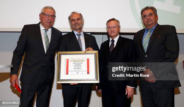 Karl Rothmund, Kurt Gaertner, Guenter Distelrath and August Wilhelm Winsmann pose for a photo during 15th Anniversary Of DFBnet on September 29, 2017...