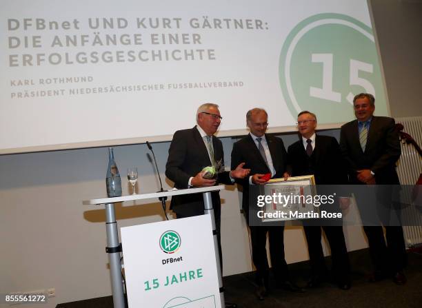 Karl Rothmund, Kurt Gaertner, Guenter Distelrath and August Wilhelm Winsmann pose for a photo during 15th Anniversary Of DFBnet on September 29, 2017...