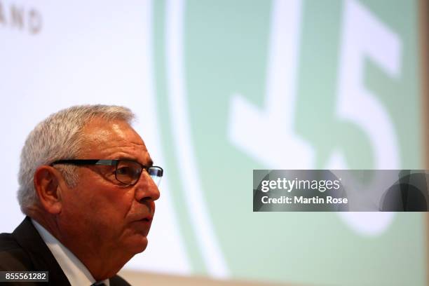 Karl Rothmund talks to the guests during 15th Anniversary Of DFBnet on September 29, 2017 in Barsinghausen, Germany.