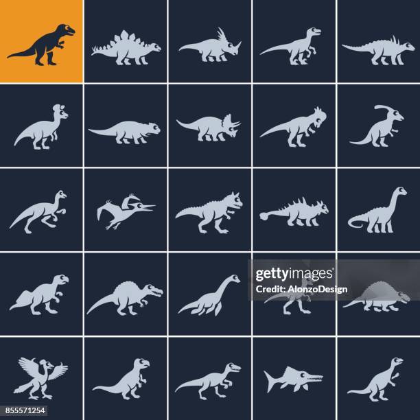 dinosaurier-icon-set - parasaurolophus stock-grafiken, -clipart, -cartoons und -symbole