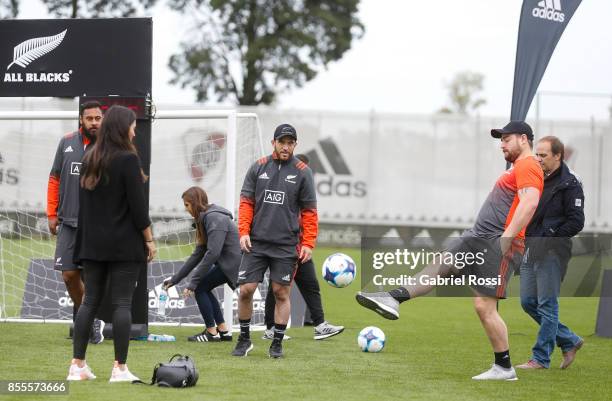 Dane Coles of All Blacks kicks a soccer ball during the New Zealand Rugby Championship Media Day ahead of the match against Argentina at River...