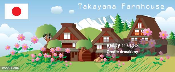 takayama farmhouse - takayama japan stock illustrations