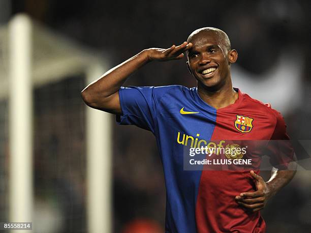 Barcelona's Cameroonian forward Samuel Eto´o celebrates after scoring during a Spanish League football match against Malaga on March 22, 2009 at the...