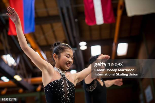 Tae Ok Ryom and Ju Sik Kim of DPR Korea react after competing in the Pairs Free Skating during the Nebelhorn Trophy 2017 at Eissportzentrum on...