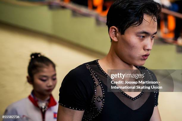 Tae Ok Ryom and Ju Sik Kim of DPR Korea prepare in the Pairs Free Skating during the Nebelhorn Trophy 2017 at Eissportzentrum on September 29, 2017...