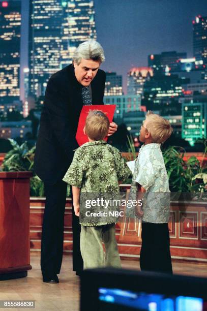 Episode 151460 -- Pictured: Host Jay Leno greets Cole Sprouse, and Dylan Sprouse on June 18, 1999 --