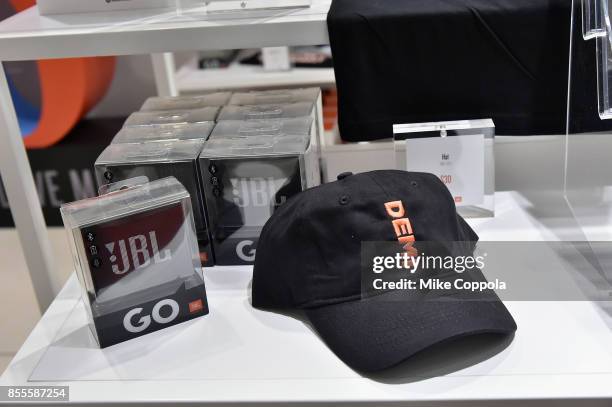 Products and Demi Lovato merchandise available for purchase during the DEMI x JBL Tell Me You Love Me Pop Up event at the Highline Gallery on...