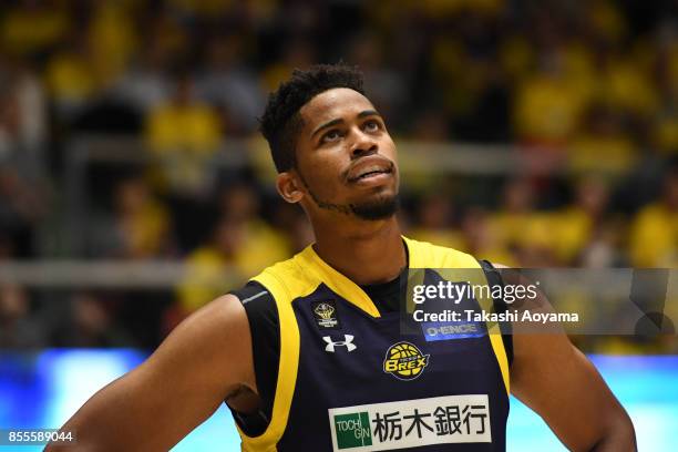 Kyle Richardson of the Tochigi Brex reacts during the B.League game between Tochigi Brex and Seahorses Mikawa at Brex Arena Utsunomiya on September...