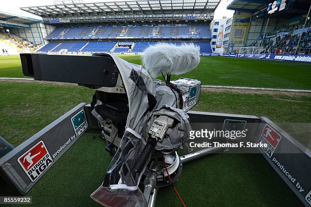 Camera is seen prior to the Bundesliga match between Arminia Bielefeld and VfL Wolfsburg at the Schueco Arena on March 21, 2009 in Bielefeld, Germany.