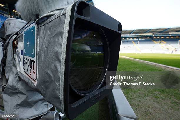 Camera is seen prior to the Bundesliga match between Arminia Bielefeld and VfL Wolfsburg at the Schueco Arena on March 21, 2009 in Bielefeld, Germany.