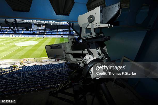 Camera is seen prior to the Bundesliga match between Arminia Bielefeld and VfL Wolfsburg at the Schueco Arena on March 21, 2009 in Bielefeld, Germany.