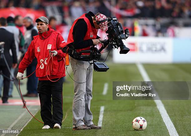 Steadicam cameraman is seen prior to the Bundesliga match between VfB Stuttgart and Hertha BSC Berlin at the Mercedes-Benz Arena on March 21, 2009 in...