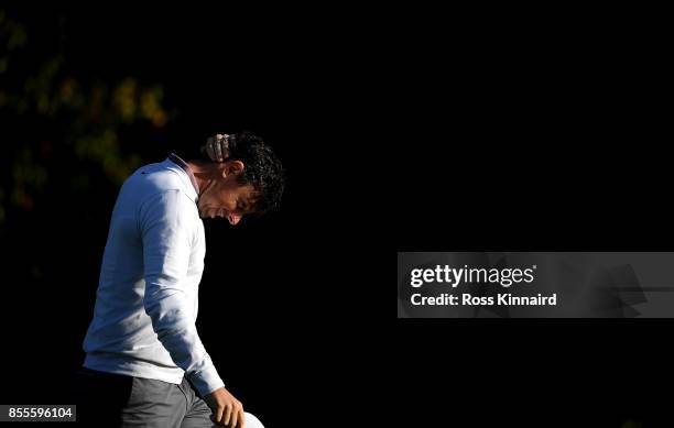 Rory McIlroy of Northern Ireland reacts after his second shot on the 15th hole during day two of the British Masters at Close House Golf Club on...