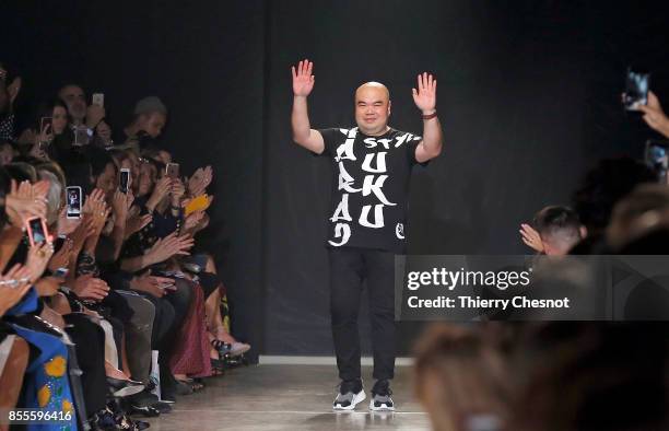 Fashion designer Andrew GN ackowledeges the audience at the end of the Andrew GN show as part of the Paris Fashion Week Womenswear Spring/Summer 2018...