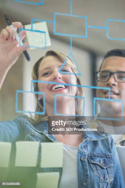 diverse business colleagues write on transparent board - vice president office stock pictures, royalty-free photos & images