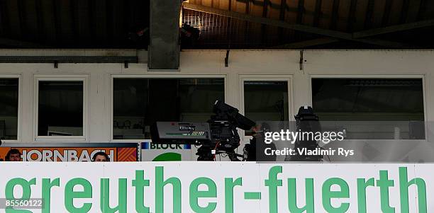 Cameras are seen during the second Bundesliga match between Greuther Fuerth and 1860 Muenchen at the Playmobil stadium on March 22, 2009 in Fuerth,...