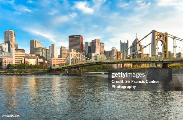 pittsburgh skyline as seen from north shore with "one ppg place" building and "rachel carson bridge" on allegheny river waterfront in pennsylvania, usa - ohio river stock-fotos und bilder