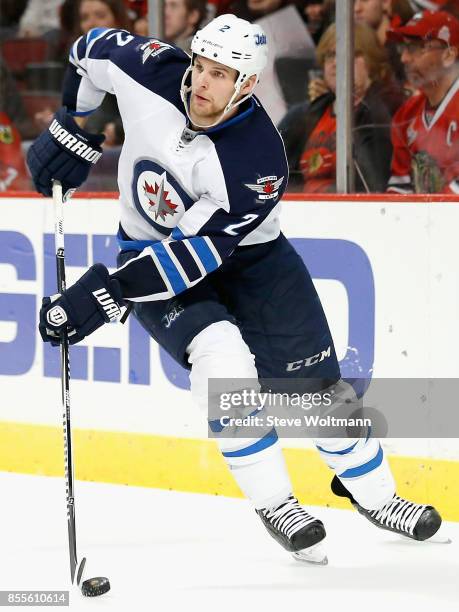Adam Pardy of the Winnipeg Jets plays in a game against the Chicago Blackhawks at the United Center on December 23, 2014 in Chicago, Illinois.