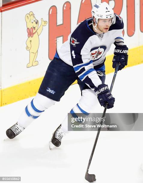 Paul Postma of the Winnipeg Jets plays in a game against the Chicago Blackhawks at the United Center on December 23, 2014 in Chicago, Illinois.