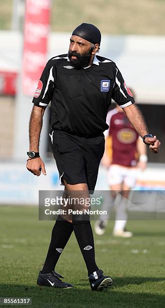 Referee Jarnail Singh in action during the Coca Cola League One Match between Northampton Town and Stockport County at Sixfields Stadium on March 21,...