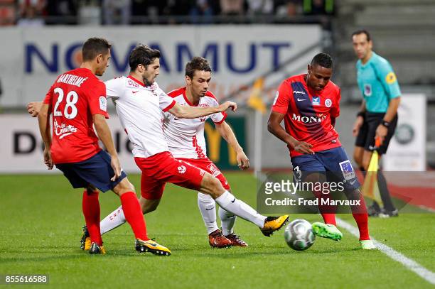 Vincent Muratori of Nancy and Vincent Marchetti of Nancy and Christophe Mandanne of Chateauroux during the Ligue 2 match between As Nancy Lorraine...