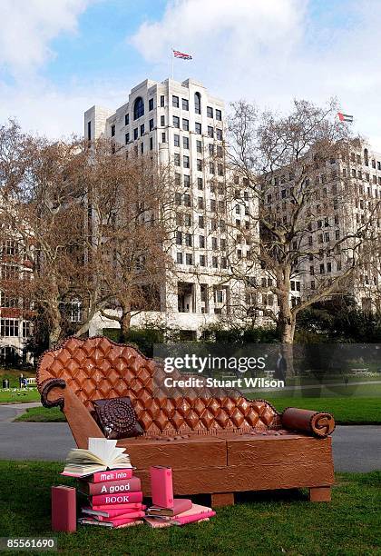 General view of a sofa made of Galaxy chocolate to launch the 'Irresistable Reads' campaign to give away one million free books at Victoria...