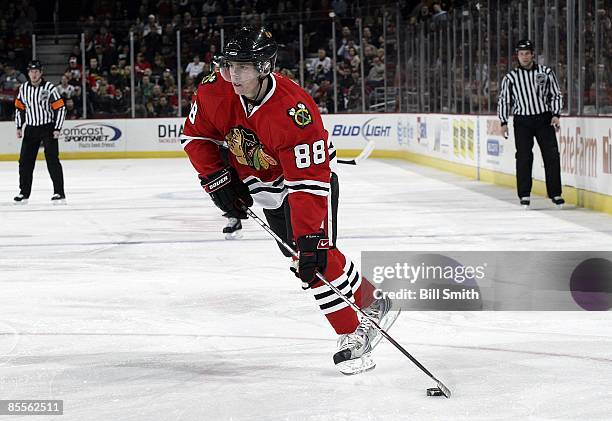 Patrick Kane of the Chicago Blackhawks takes the puck towards the goal during a game against the Edmonton Oilers on March 20, 2009 at the United...