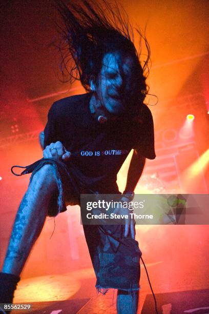 Lead singer Randy Blythe of Lamb of God performs on stage at the O2 Academy on February 12, 2009 in Birmingham.