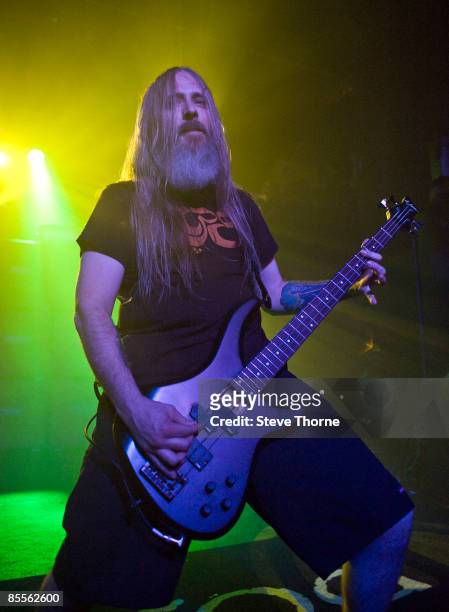 John Campbell bass player of Lamb of God performs on stage at the O2 Academy on February 12, 2009 in Birmingham.