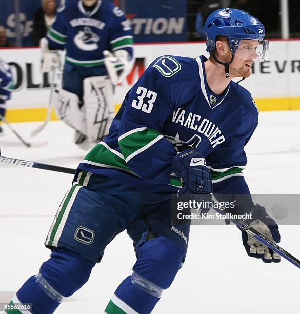 Henrik Sedin of the Vancouver Canucks during his pregame skate before the game against the St. Louis Blues at General Motors Place on March 19, 2009...