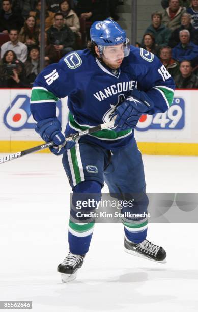 Steve Bernier of the Vancouver Canucks skates against the St. Louis Blues at General Motors Place on March 19, 2009 in Vancouver, British Columbia,...