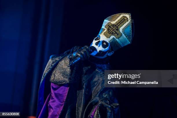 Papa Emeritus lead singer of the Swedish heavy metal band Ghost performs in concert at Grona Lund on September 29, 2017 in Stockholm, Sweden.