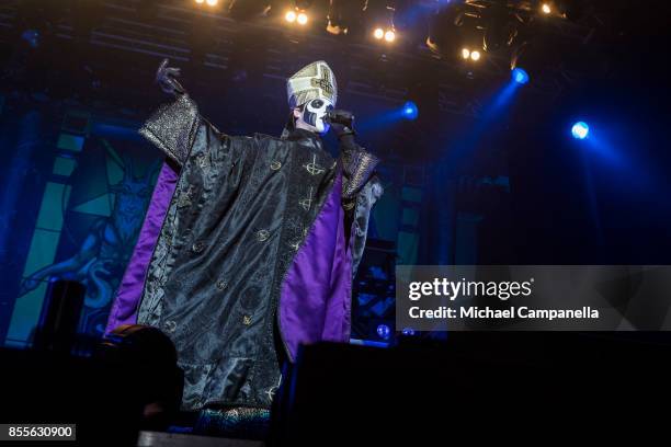 Papa Emeritus lead singer of the Swedish heavy metal band Ghost performs in concert at Grona Lund on September 29, 2017 in Stockholm, Sweden.