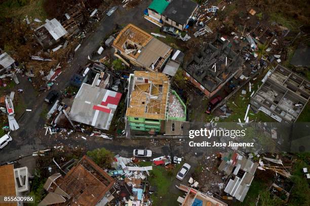 Aerial view of the devastation in Roseau, Dominica on September 28, 2017. Hurricane Maria inflicted catastrophic damages and at least 15 deaths in...