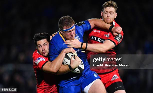 Dublin , Ireland - 29 September 2017; Sean Cronin of Leinster is tackled by Sam Hidalgo-Clyne, left, and Glenn Bryce of Edinburgh during the Guinness...