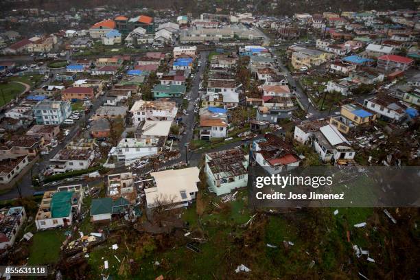 Aerial view of the devastation in Roseau, Dominica on September 28, 2017. Hurricane Maria inflicted catastrophic damages and at least 15 deaths in...