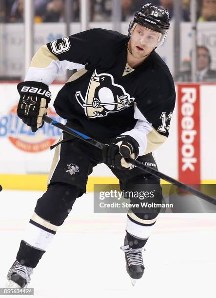 Nick Spaling of the Pittsburgh Penguins plays in a game against the Washington Capitals at the Consol Energy Center on December 27, 2014 in...